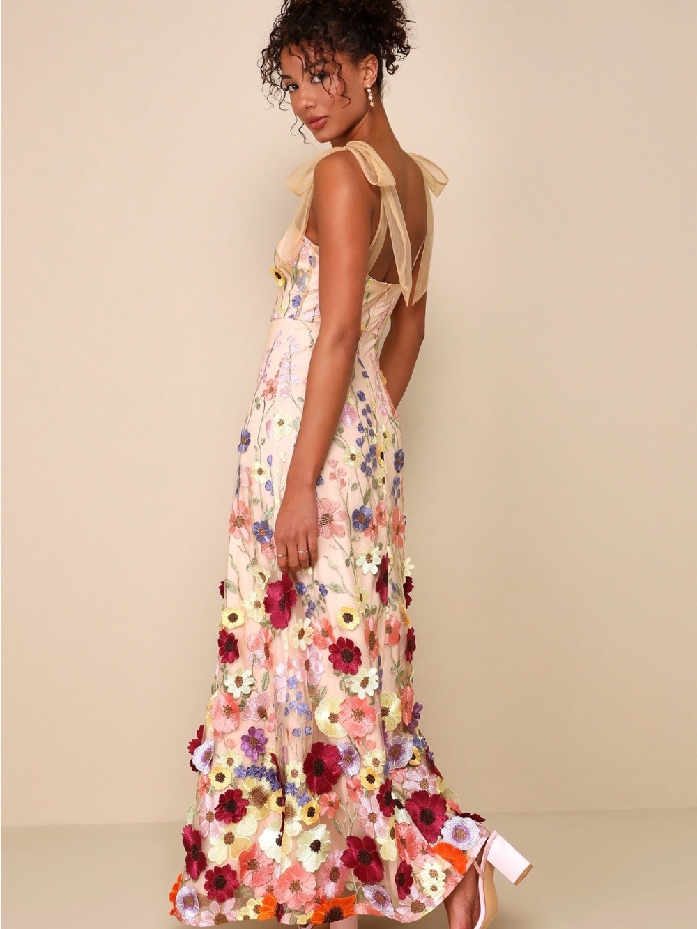 Lulu's Cream Maxi Dress with Multicolor Floral Embroidery and Tie Straps - Picture 2 of 4